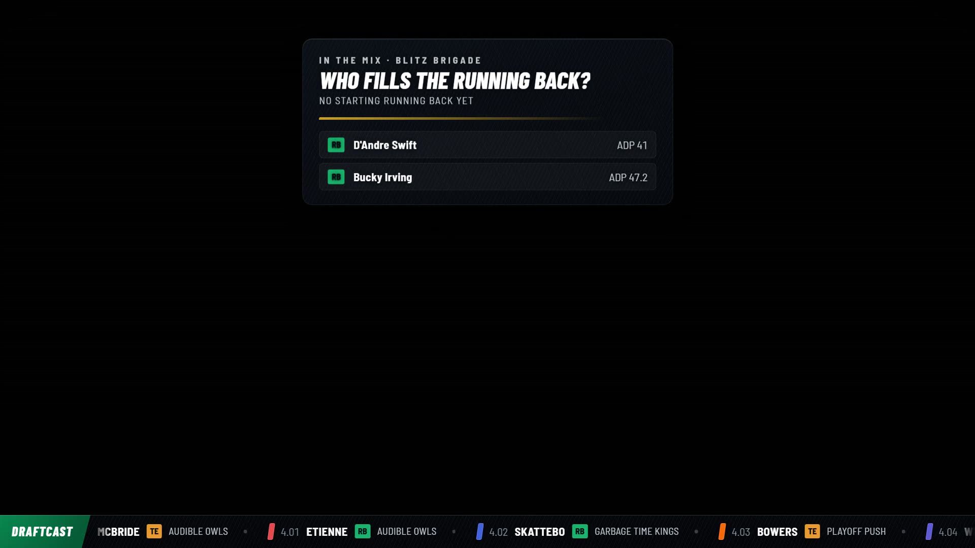 A DraftCast broadcast frame: the next-up board showing what the market is offering the team on deck, with the running ticker beneath it